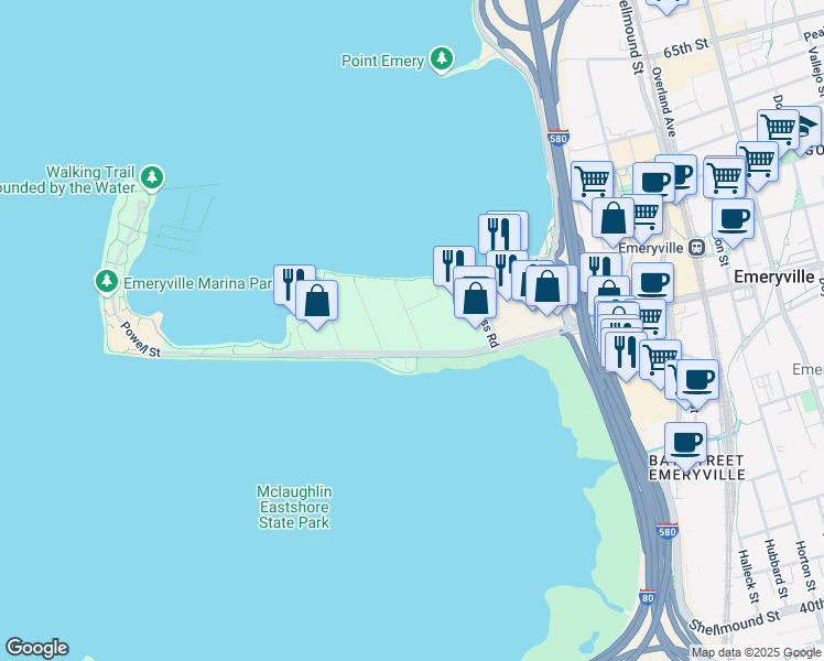 map of restaurants, bars, coffee shops, grocery stores, and more near 3 Captain Drive in Emeryville
