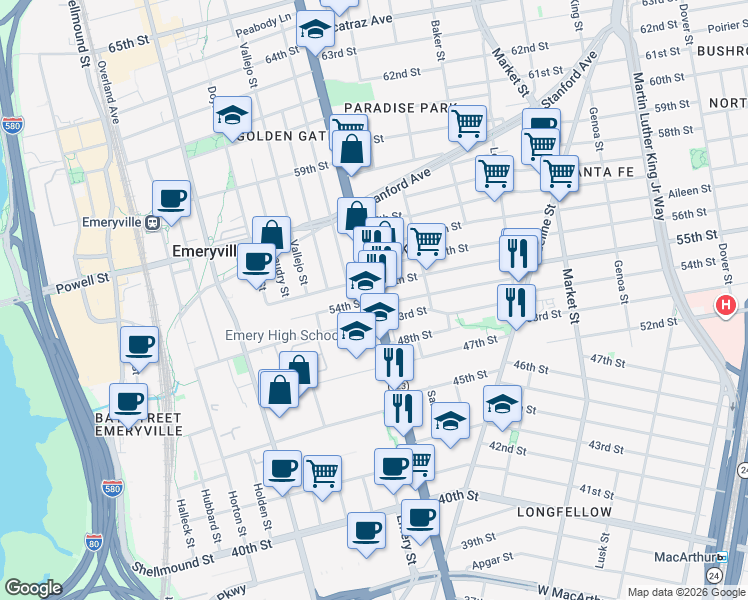 map of restaurants, bars, coffee shops, grocery stores, and more near San Pablo Avenue & 54th Street in Emeryville