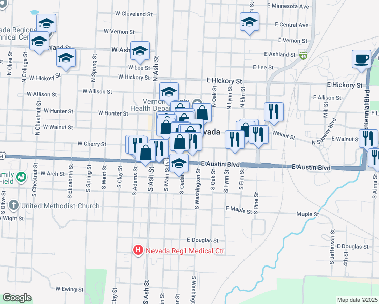 map of restaurants, bars, coffee shops, grocery stores, and more near 131 South Cedar Street in Nevada