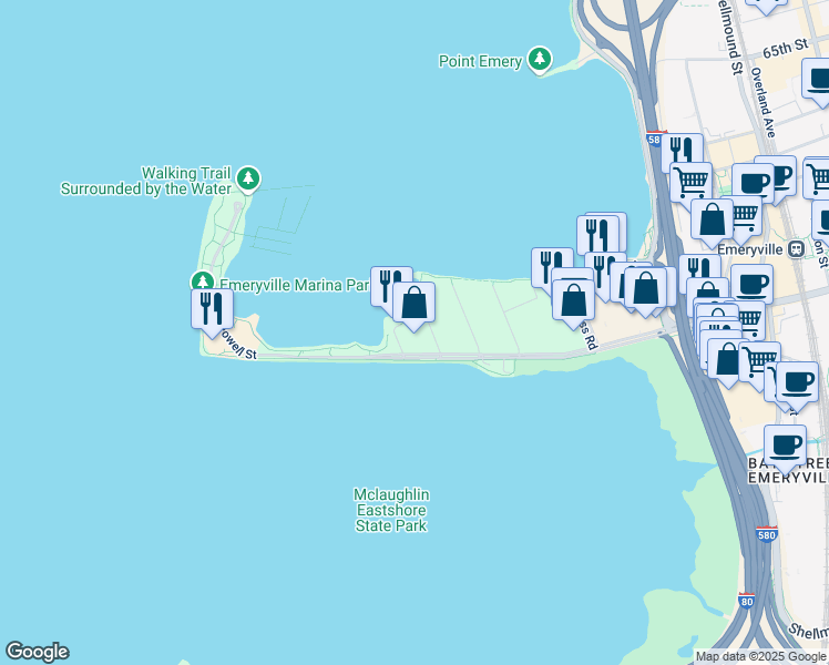 map of restaurants, bars, coffee shops, grocery stores, and more near 4 Anchor Drive in Emeryville