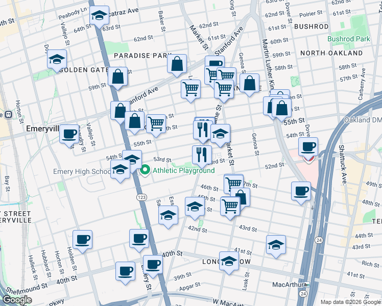 map of restaurants, bars, coffee shops, grocery stores, and more near 976 53rd Street in Oakland