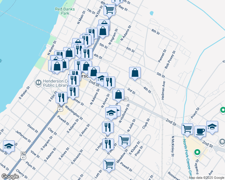 map of restaurants, bars, coffee shops, grocery stores, and more near 713 2nd Street in Henderson