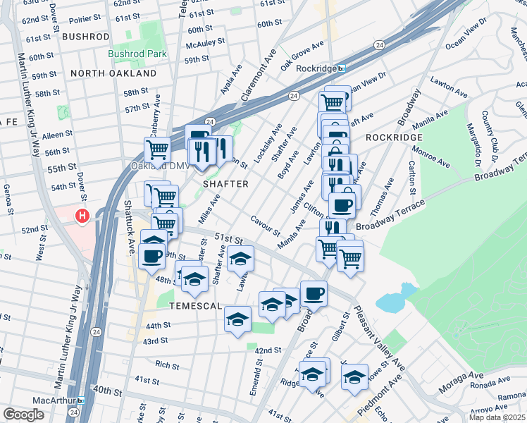 map of restaurants, bars, coffee shops, grocery stores, and more near 404 Cavour Street in Oakland