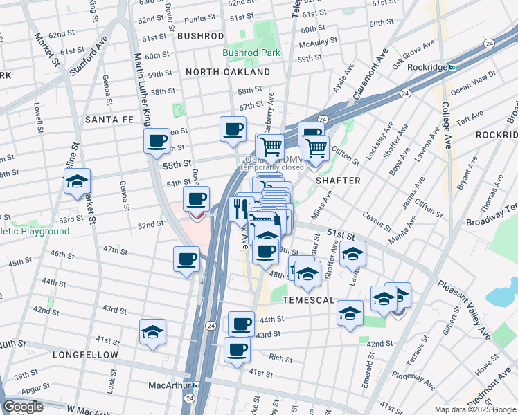 map of restaurants, bars, coffee shops, grocery stores, and more near 542 51st Street in Oakland