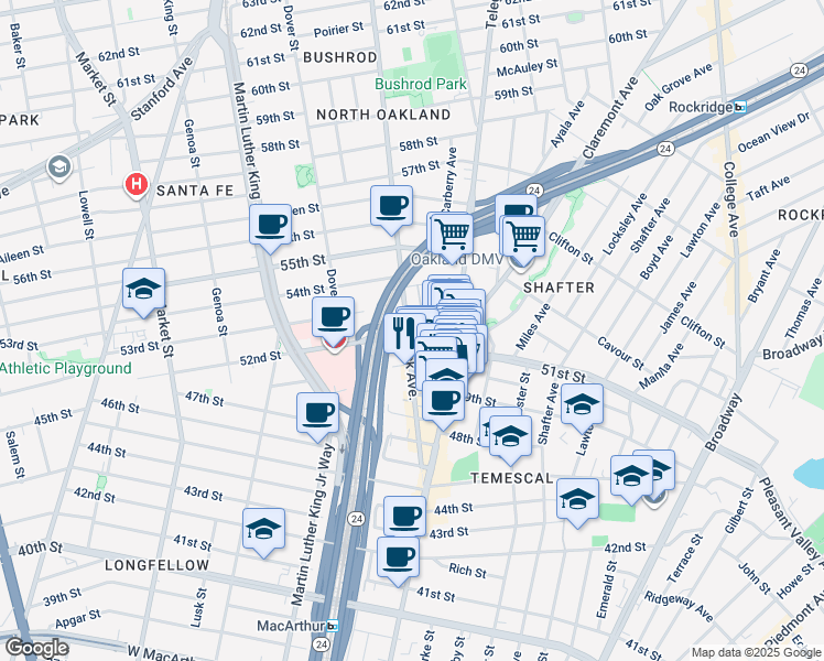 map of restaurants, bars, coffee shops, grocery stores, and more near 542 51st Street in Oakland