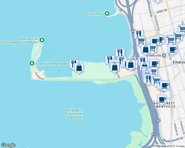 map of restaurants, bars, coffee shops, grocery stores, and more near 3 Captain Drive in Emeryville