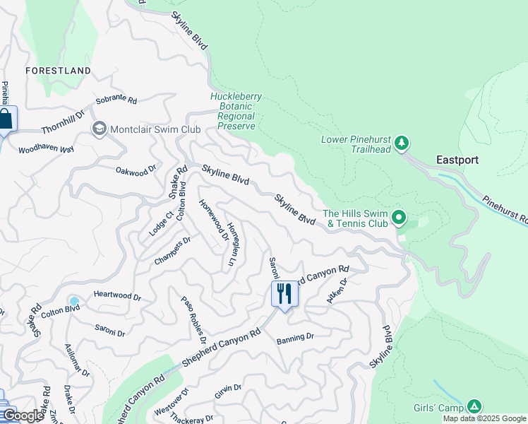 map of restaurants, bars, coffee shops, grocery stores, and more near Arrowhead Drive in Oakland
