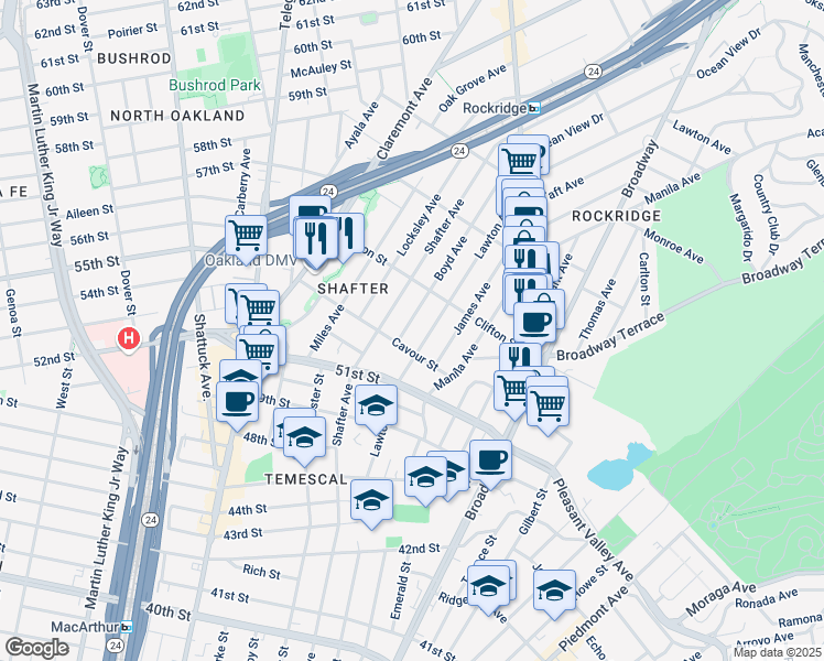 map of restaurants, bars, coffee shops, grocery stores, and more near 404 Cavour Street in Oakland