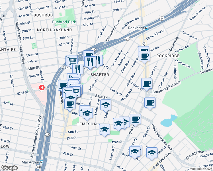 map of restaurants, bars, coffee shops, grocery stores, and more near Shafter Ave & Cavour St in Oakland