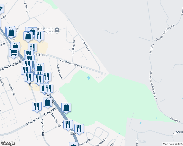 map of restaurants, bars, coffee shops, grocery stores, and more near 708 East Lincoln Trail Boulevard in Radcliff