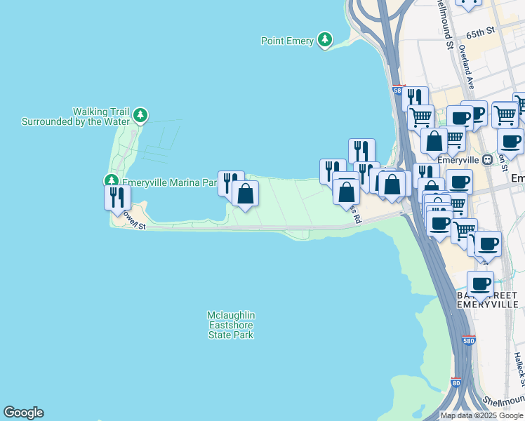 map of restaurants, bars, coffee shops, grocery stores, and more near 2 Admiral Drive in Emeryville