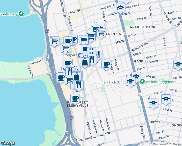 map of restaurants, bars, coffee shops, grocery stores, and more near 5317 Horton Street in Emeryville