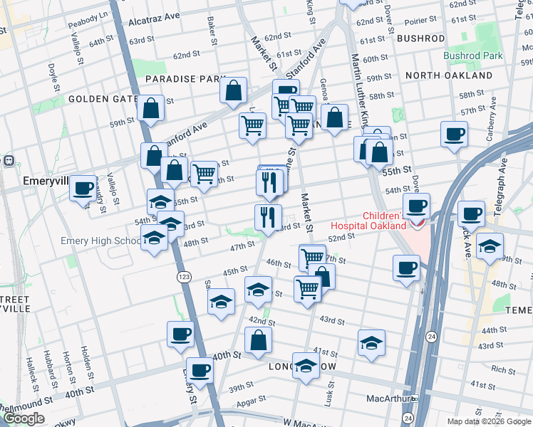 map of restaurants, bars, coffee shops, grocery stores, and more near 5305 Lowell Street in Oakland
