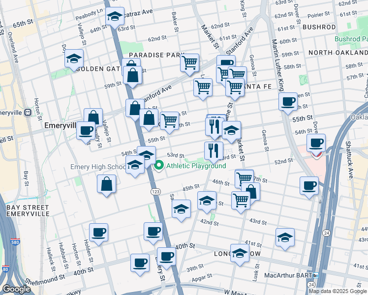 map of restaurants, bars, coffee shops, grocery stores, and more near 1023 54th Street in Oakland