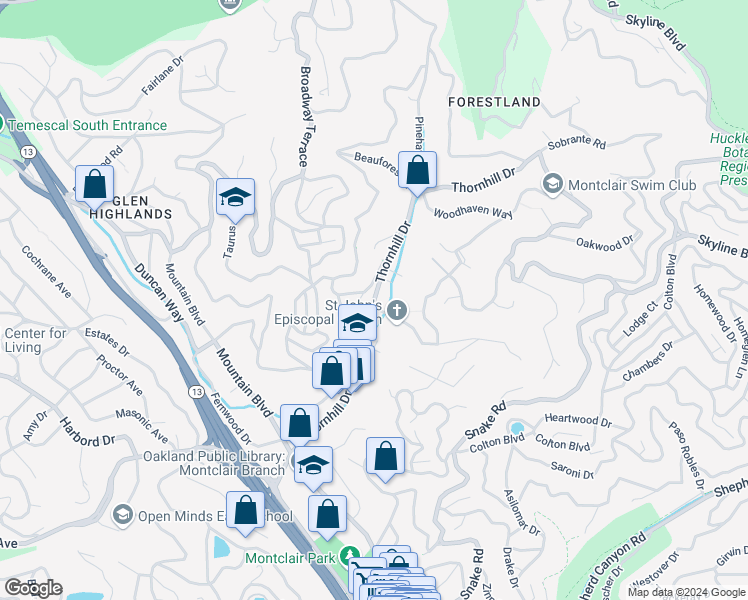 map of restaurants, bars, coffee shops, grocery stores, and more near Thornhill Drive in Oakland