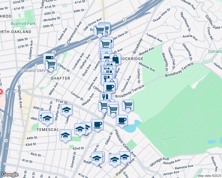 map of restaurants, bars, coffee shops, grocery stores, and more near 5308 Bryant Avenue in Oakland
