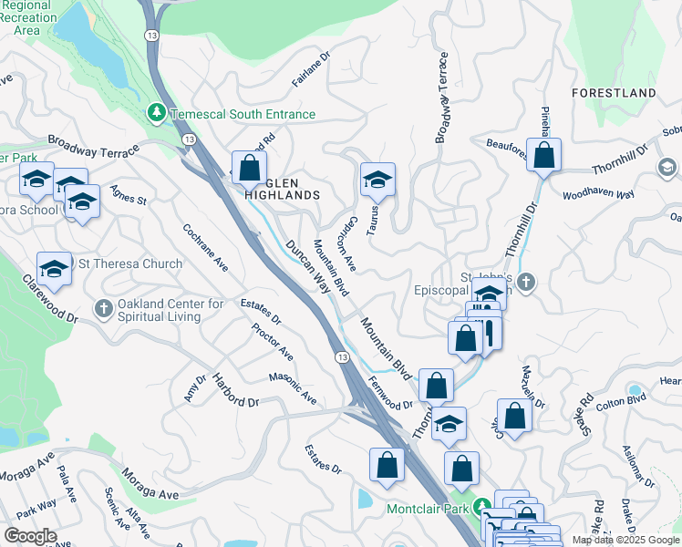 map of restaurants, bars, coffee shops, grocery stores, and more near 1238 Mountain Boulevard in Oakland