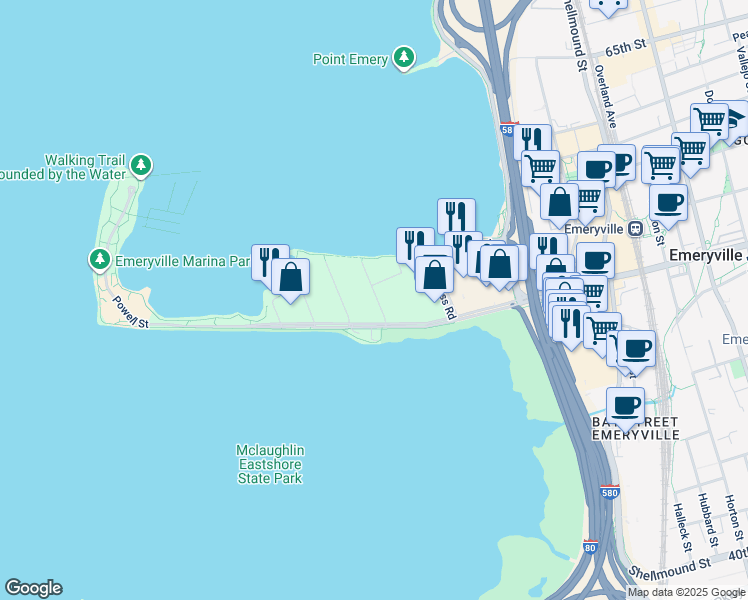 map of restaurants, bars, coffee shops, grocery stores, and more near 3 Captain Drive in Emeryville