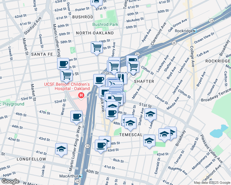 map of restaurants, bars, coffee shops, grocery stores, and more near Telegraph Ave & 52nd St & Claremont Ave in Oakland