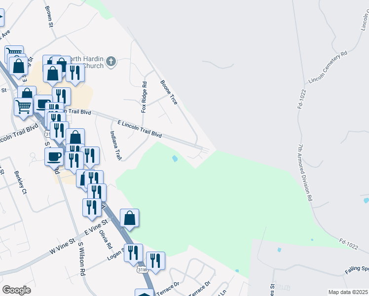 map of restaurants, bars, coffee shops, grocery stores, and more near 712 East Lincoln Trail Boulevard in Radcliff