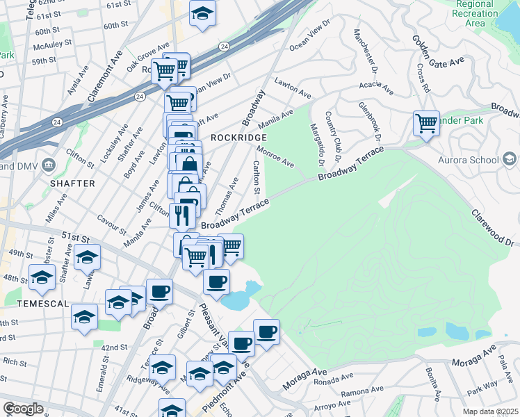 map of restaurants, bars, coffee shops, grocery stores, and more near in Oakland