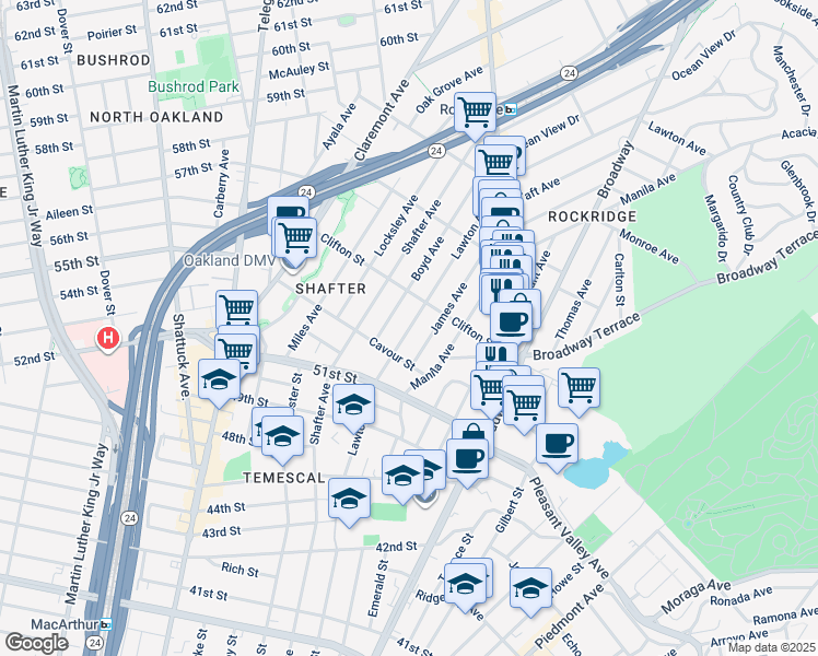 map of restaurants, bars, coffee shops, grocery stores, and more near 5236 James Avenue in Oakland