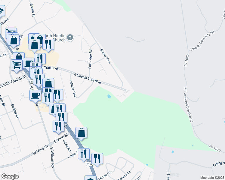map of restaurants, bars, coffee shops, grocery stores, and more near 109 Kenton Court in Radcliff