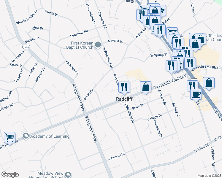 map of restaurants, bars, coffee shops, grocery stores, and more near 728 Crescent Way in Radcliff