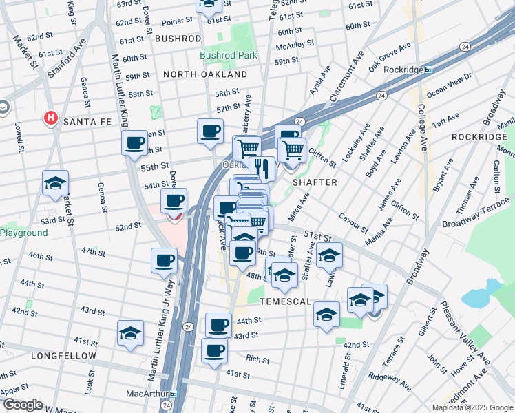 map of restaurants, bars, coffee shops, grocery stores, and more near in Oakland