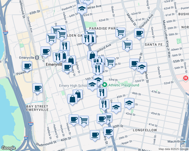 map of restaurants, bars, coffee shops, grocery stores, and more near in Emeryville
