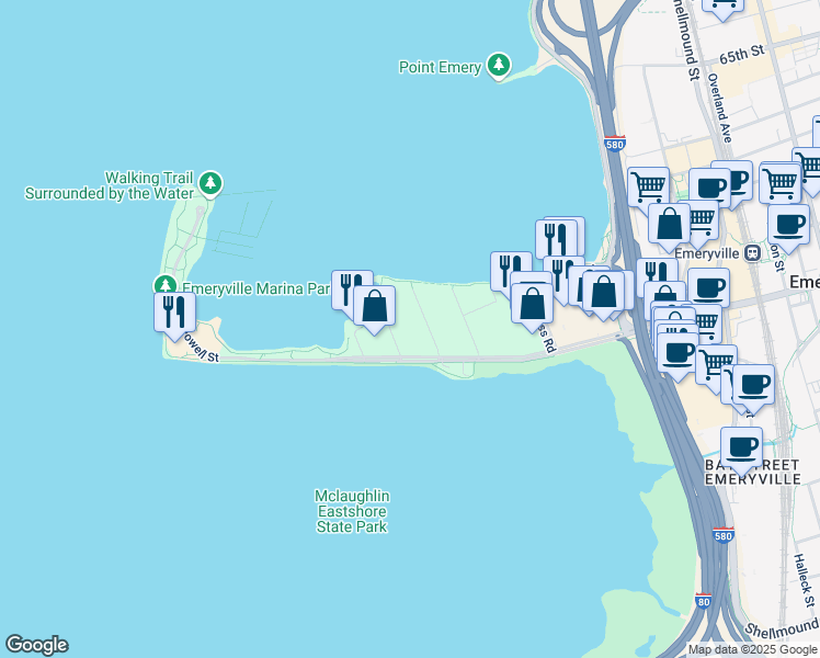 map of restaurants, bars, coffee shops, grocery stores, and more near 2 Admiral Drive in Emeryville