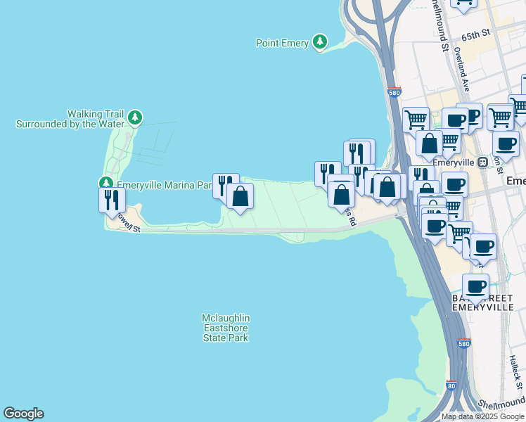 map of restaurants, bars, coffee shops, grocery stores, and more near 3 Commodore Drive in Emeryville