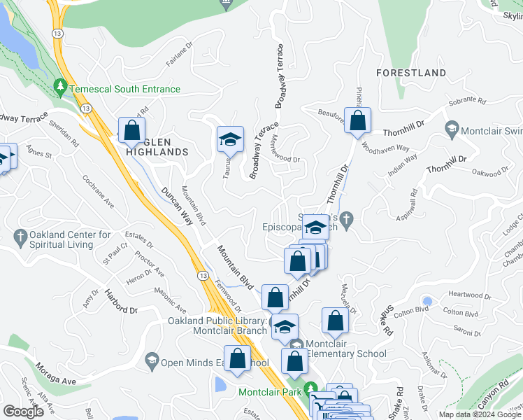 map of restaurants, bars, coffee shops, grocery stores, and more near 363 Capricorn Avenue in Oakland