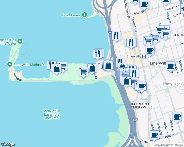 map of restaurants, bars, coffee shops, grocery stores, and more near 2000 Powell Street in Emeryville