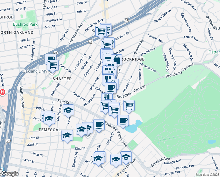 map of restaurants, bars, coffee shops, grocery stores, and more near College Ave & Bryant Ave in Oakland