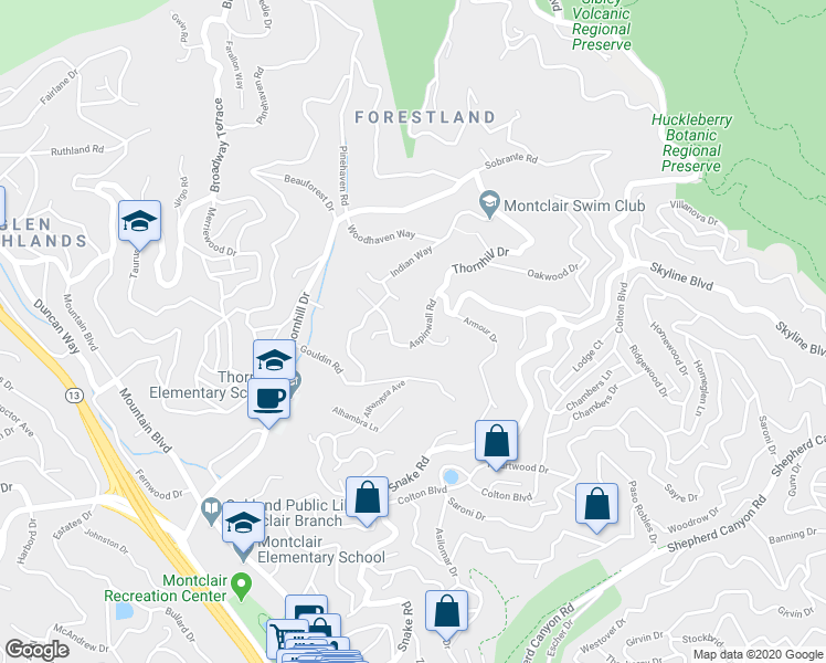 map of restaurants, bars, coffee shops, grocery stores, and more near 6281 Aspinwall Road in Oakland