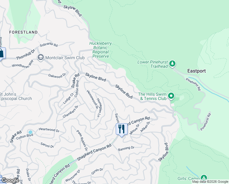 map of restaurants, bars, coffee shops, grocery stores, and more near 1901 Arrowhead Drive in Oakland