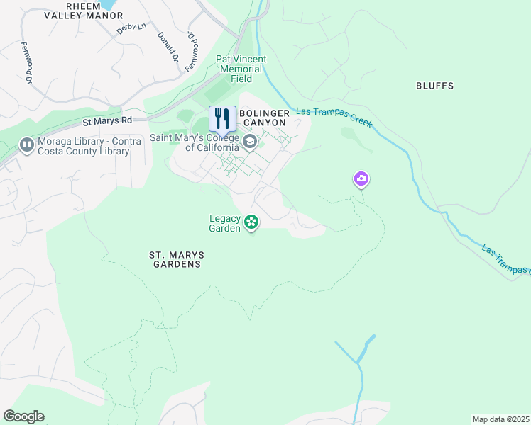 map of restaurants, bars, coffee shops, grocery stores, and more near San Miguel Circle in Moraga