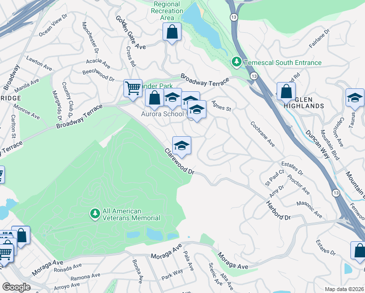 map of restaurants, bars, coffee shops, grocery stores, and more near 4850 Clarewood Drive in Oakland