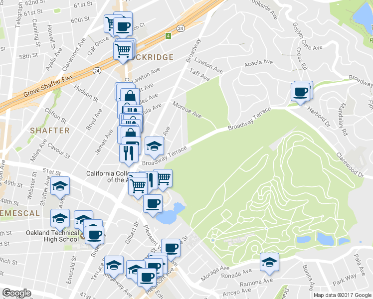 map of restaurants, bars, coffee shops, grocery stores, and more near in Oakland