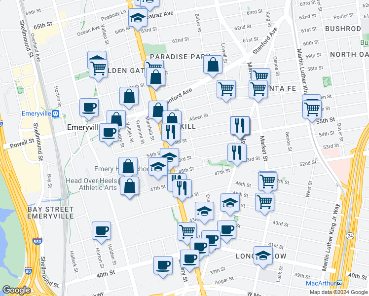 map of restaurants, bars, coffee shops, grocery stores, and more near 1054 53rd Street in Oakland