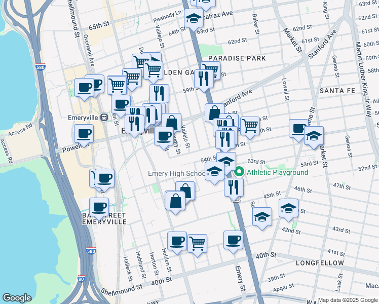 map of restaurants, bars, coffee shops, grocery stores, and more near in Oakland