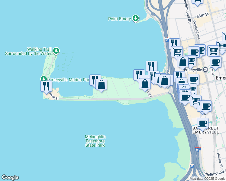 map of restaurants, bars, coffee shops, grocery stores, and more near 2 Admiral Drive in Emeryville