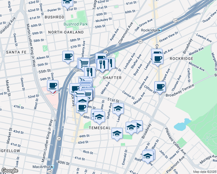 map of restaurants, bars, coffee shops, grocery stores, and more near 431 Avon Street in Oakland