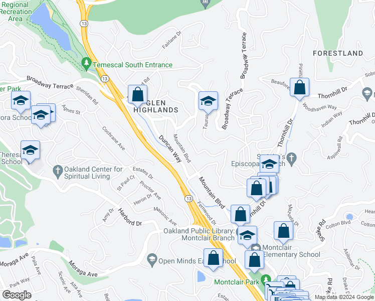 map of restaurants, bars, coffee shops, grocery stores, and more near 1234 Mountain Boulevard in Oakland