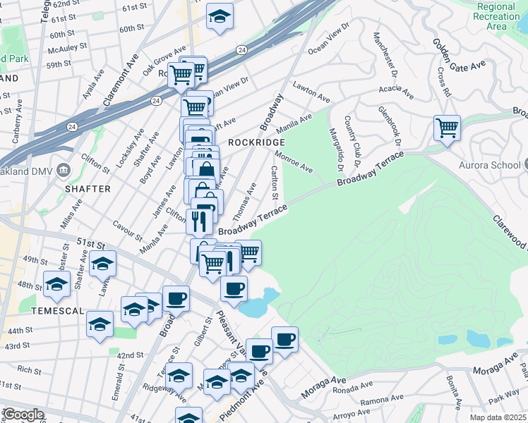 map of restaurants, bars, coffee shops, grocery stores, and more near 5340 Broadway Terrace in Oakland