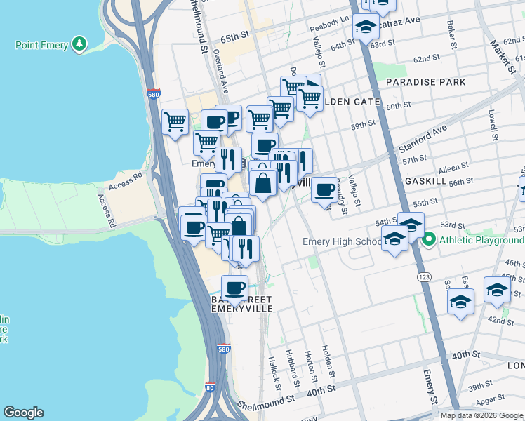 map of restaurants, bars, coffee shops, grocery stores, and more near 5317-5467 Horton Street in Emeryville