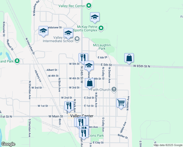 map of restaurants, bars, coffee shops, grocery stores, and more near 522 North Abilene Avenue in Valley Center