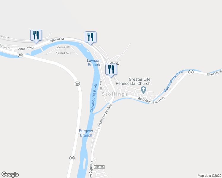 map of restaurants, bars, coffee shops, grocery stores, and more near 170 Stollings Avenue in Logan