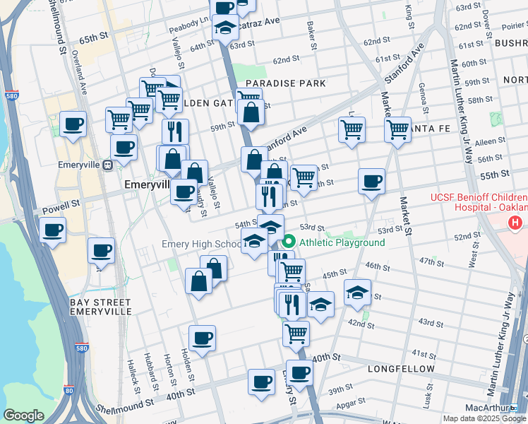 map of restaurants, bars, coffee shops, grocery stores, and more near in Emeryville